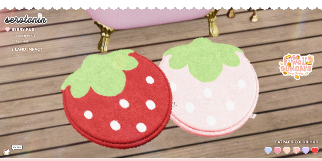 Berry Rug	&lt;a href=&quot;http://maps.secondlife.com/secondlife/Happiness/54/42/2802&quot;&gt;Teleport&lt;/a&gt;