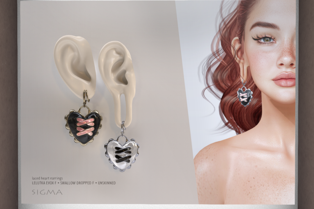 Laced Heart Earrings - EvoX F Ears/Swallow Dropped F Ears/Unrigged, L$320