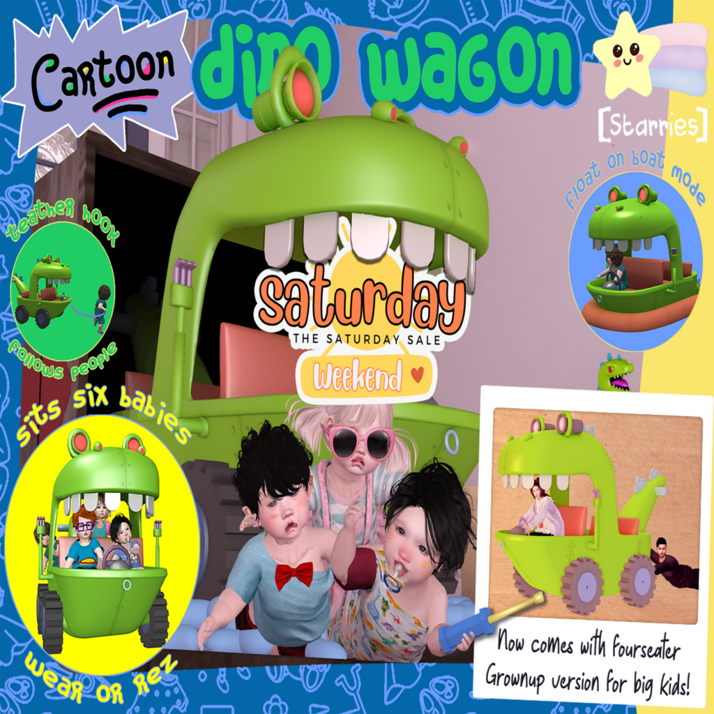 Cartoon Dino Wagon	&lt;a href=&quot;http://maps.secondlife.com/secondlife/Starries/250/242/23&quot;&gt;Teleport&lt;/a&gt;