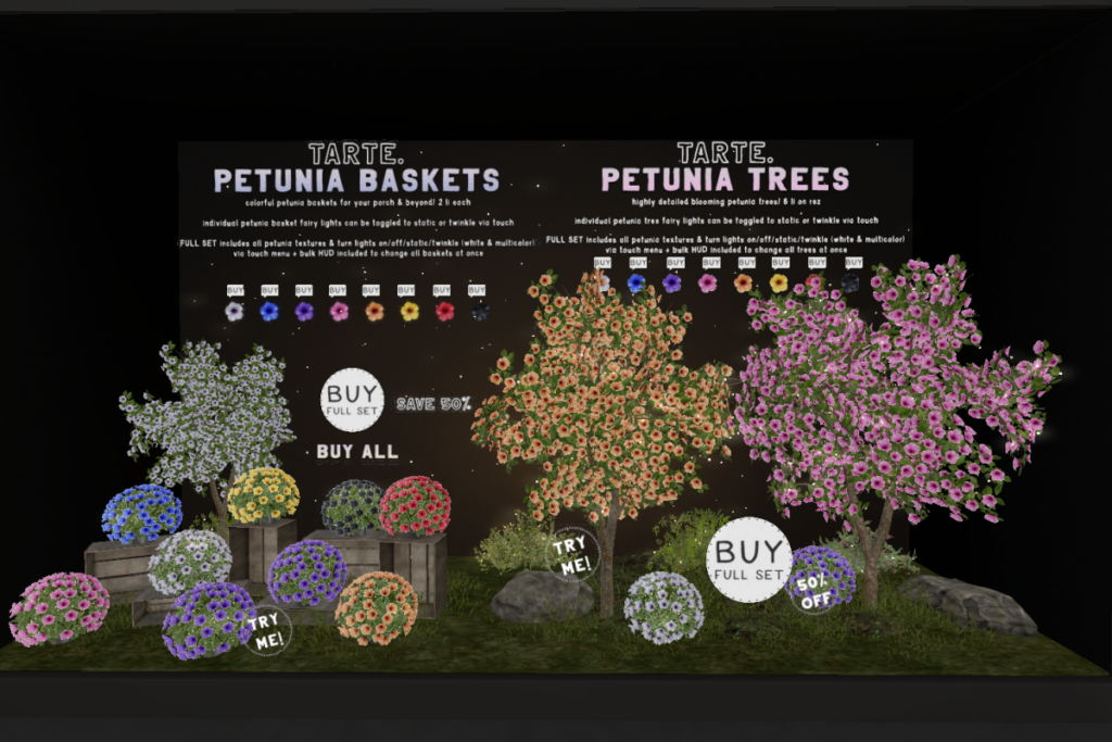 Petunia Baskets, L$249 each/L$899 FP | Petunia Trees, L$399 each/L$1299 FP