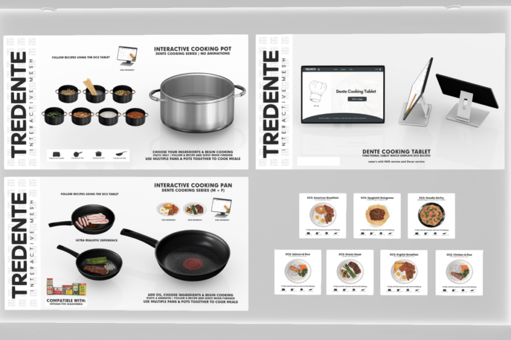 Interactive Cooking Pot, L$799 | Interactive Cooking Pan, L$1999 | Dente Cooking Tablet, L$399 | DCS Food Plates, L$199 each