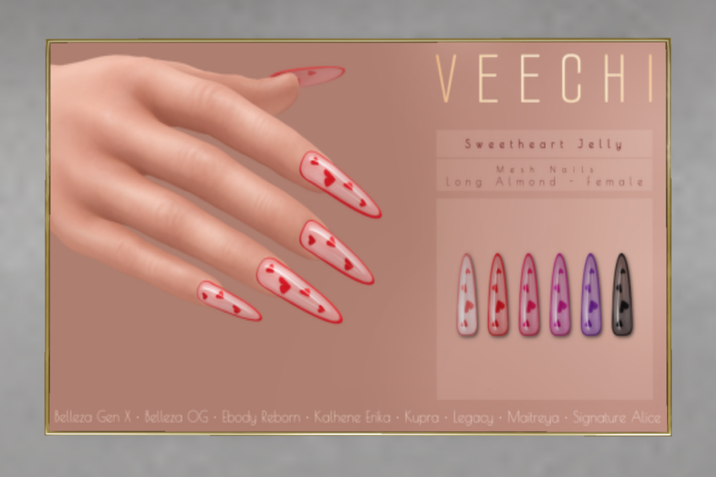 Sweetheart Jelly Mesh Nails // Long Almond Female - See ad for fits	&lt;a href=&quot;http://maps.secondlife.com/secondlife/floorplan/194/165/28&quot;&gt;TELEPORT&lt;/a&gt;