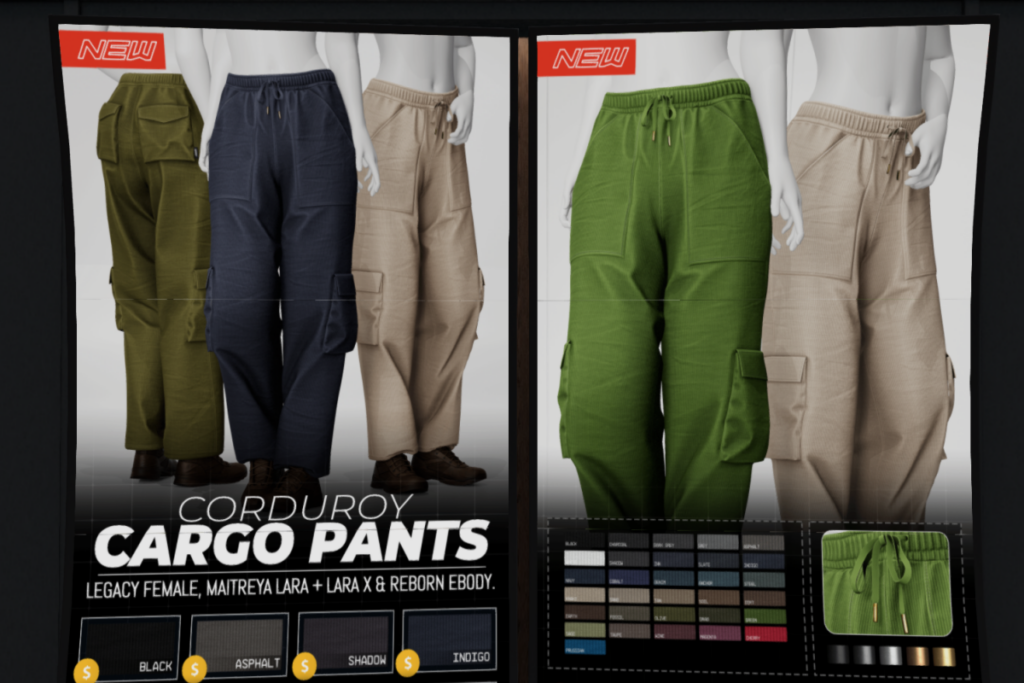 Corduroy Cargo Pants - Legacy/Maitreya/Reborn/+mods, L$299 each/L$1799 FP