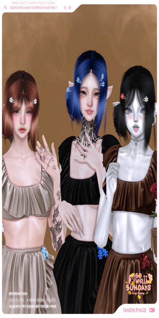 Florence Hairstyle	&lt;a href=&quot;http://maps.secondlife.com/secondlife/Dream%20Lake/124/123/184&quot;&gt;Teleport&lt;/a&gt;