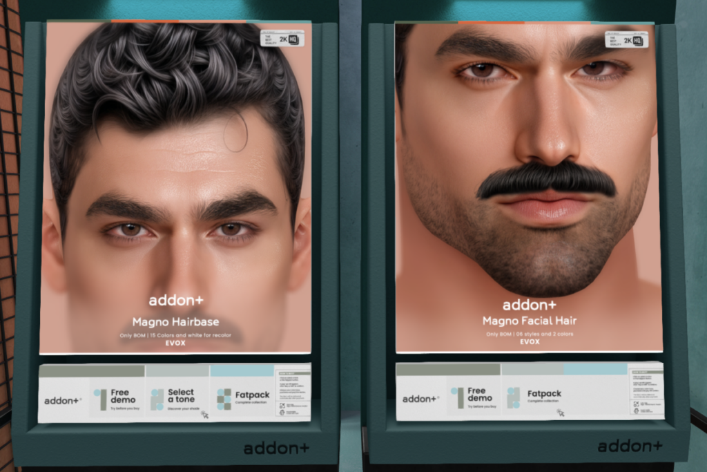 Magno Facial Hair - EvoX, L$300 | Magno Hairbase - EvoX, L$120 each/L$300 FP