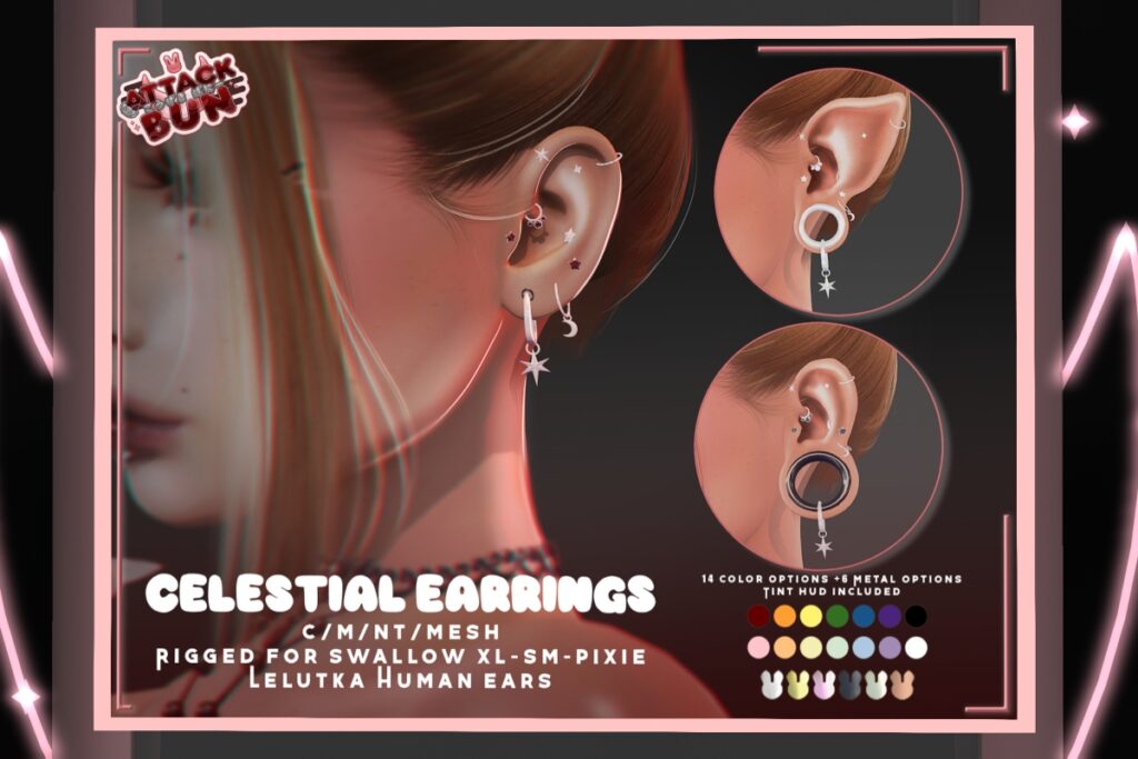 Celestial Earrings - EvoX/Swallow Gauged S+XL+Pixie, L$199 FP