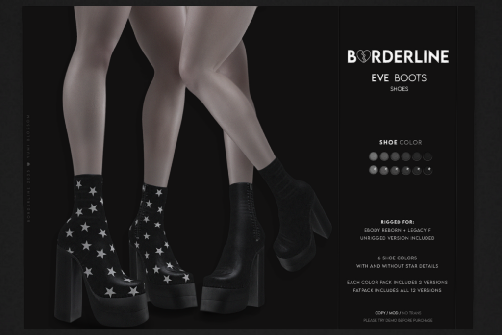 Eve Boots - Legacy/Reborn/Unrigged, L$349 each/L$699 FP