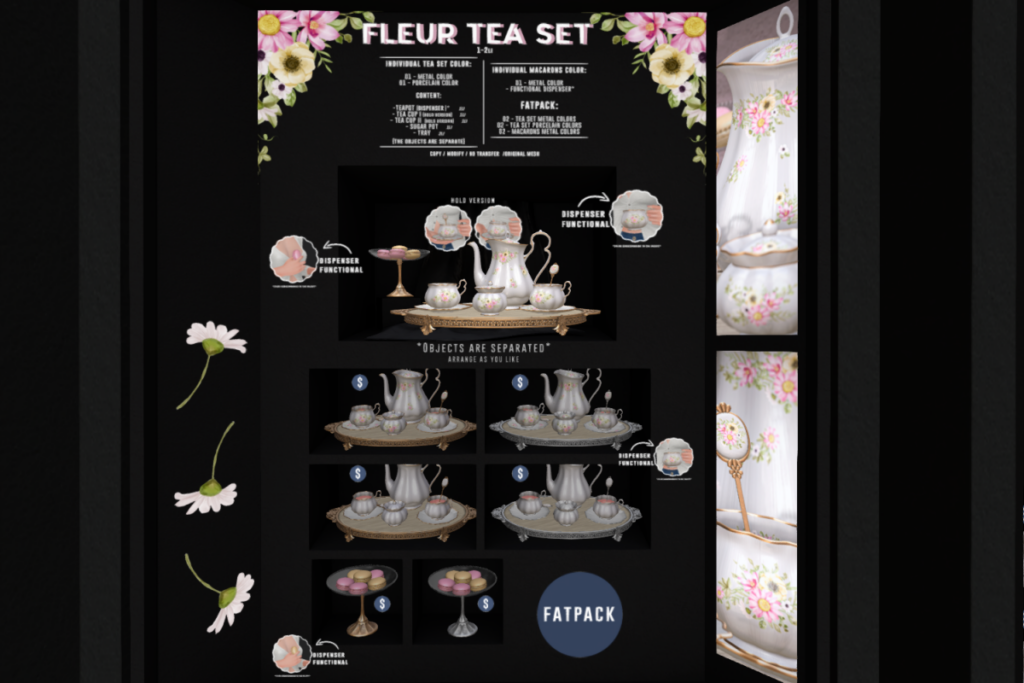 Fleur Tea Set	&lt;a href=&quot;http://maps.secondlife.com/secondlife/AM%20corporate/93/83/1508&quot;&gt;Teleport&lt;/a&gt;