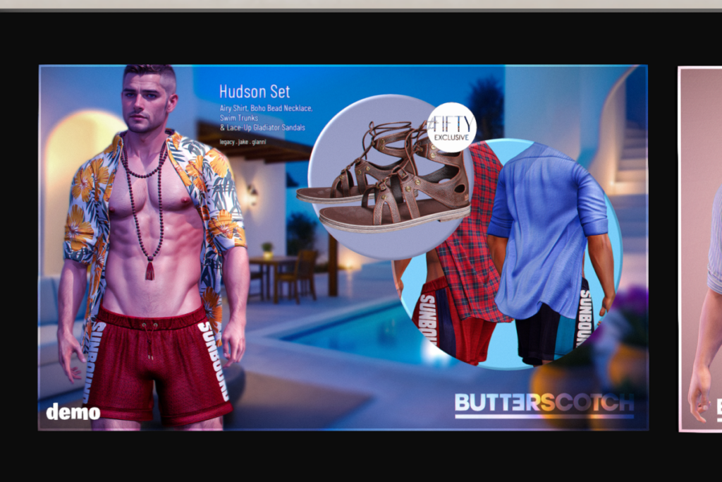 Hudson Airy Shirt, Swim Trunks, &amp; Sandals - Gianni/Jake/Legacy, L$349 each/L$1699 each FP