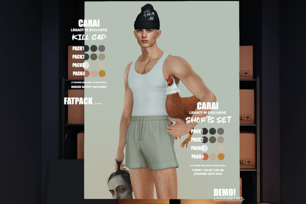Kill Cap, L$200 each/L$720 FP | Shorts Set - Legacy, L$369 each/L$1320 FP