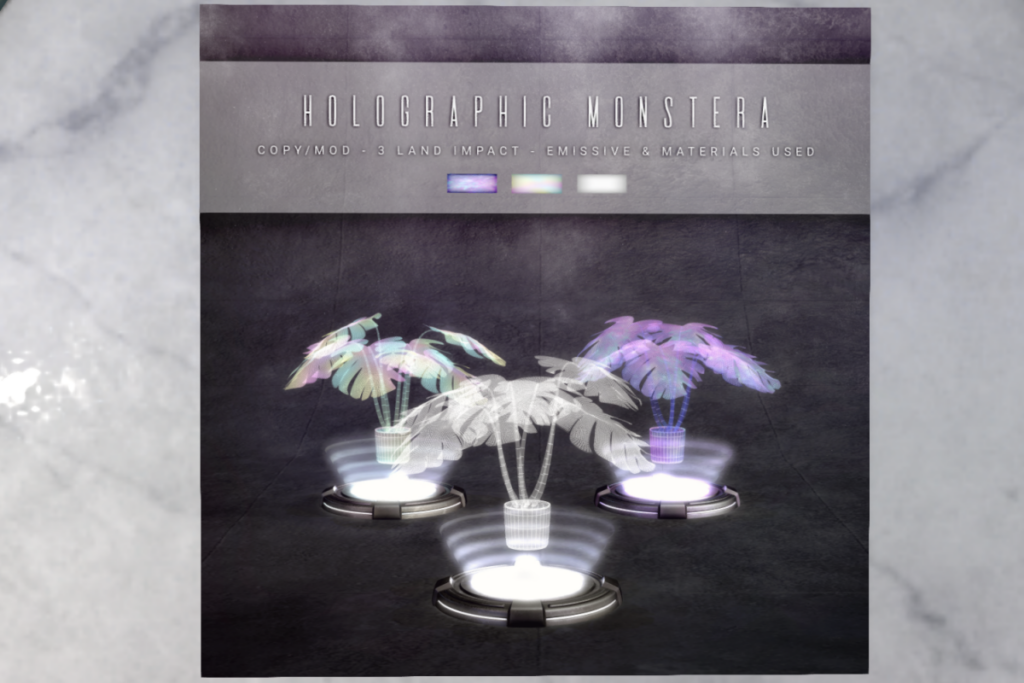 Holographic Monstera	&lt;a href=&quot;http://maps.secondlife.com/secondlife/WideWorld%20Amethysta/64/191/22&quot; target=&quot;_blank&quot;&gt;Teleport&lt;/a&gt;