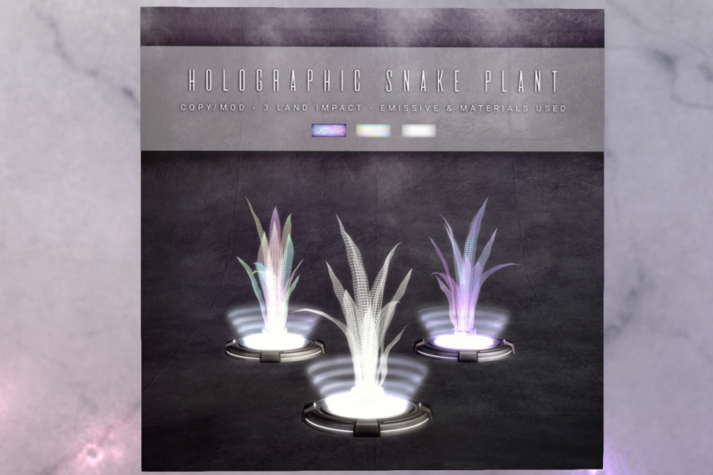 Holographic Snake Plant	&lt;a href=&quot;http://maps.secondlife.com/secondlife/WideWorld%20Amethysta/64/191/22&quot; target=&quot;_blank&quot;&gt;Teleport&lt;/a&gt;