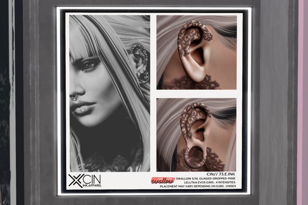 73 E Ink Tattoo - EvoX/Swallow Dropped/Swallow Gauged S+XL+Pixie, L$99