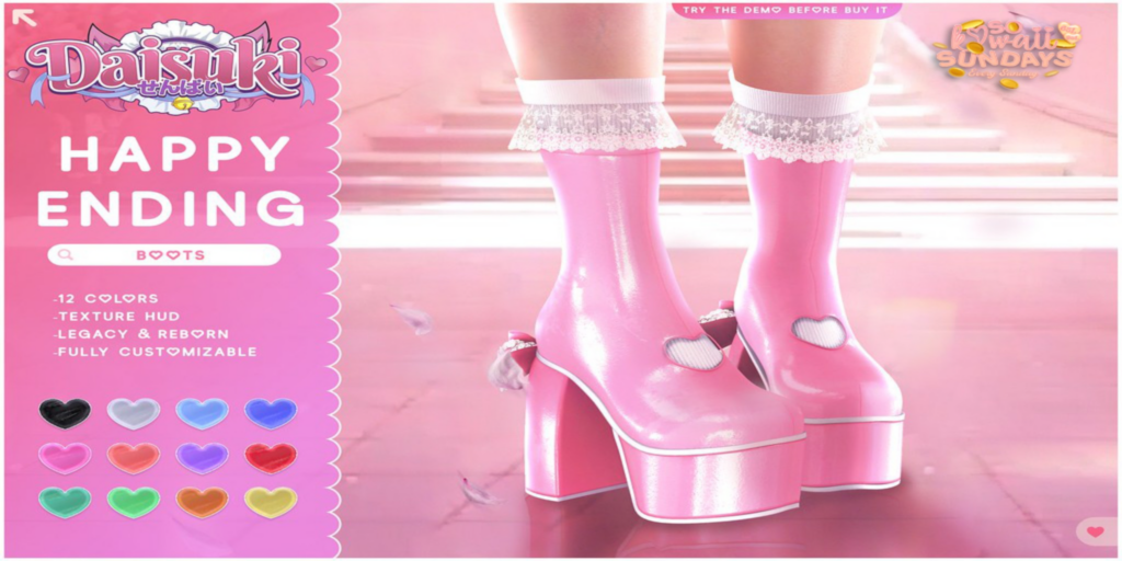 Happy Ending Boots - Legacy/Reborn	&lt;a href=&quot;http://maps.secondlife.com/secondlife/Bao/252/81/903&quot;&gt;Teleport&lt;/a&gt;