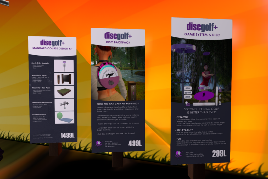 Standard Course Design Kit, L$1499 | Disc Backpack, L$499 | Game System, L$299