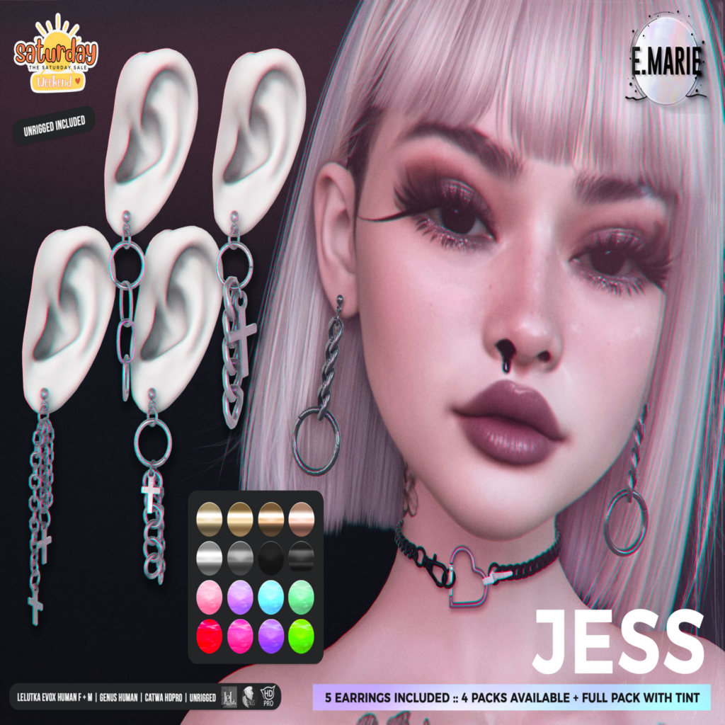 Jess Earrings - Catwa/Genus Human/EvoX M+F Human/unrigged	&lt;a href=&quot;http://maps.secondlife.com/secondlife/xoxo/86/130/41&quot;&gt;Teleport&lt;/a&gt;