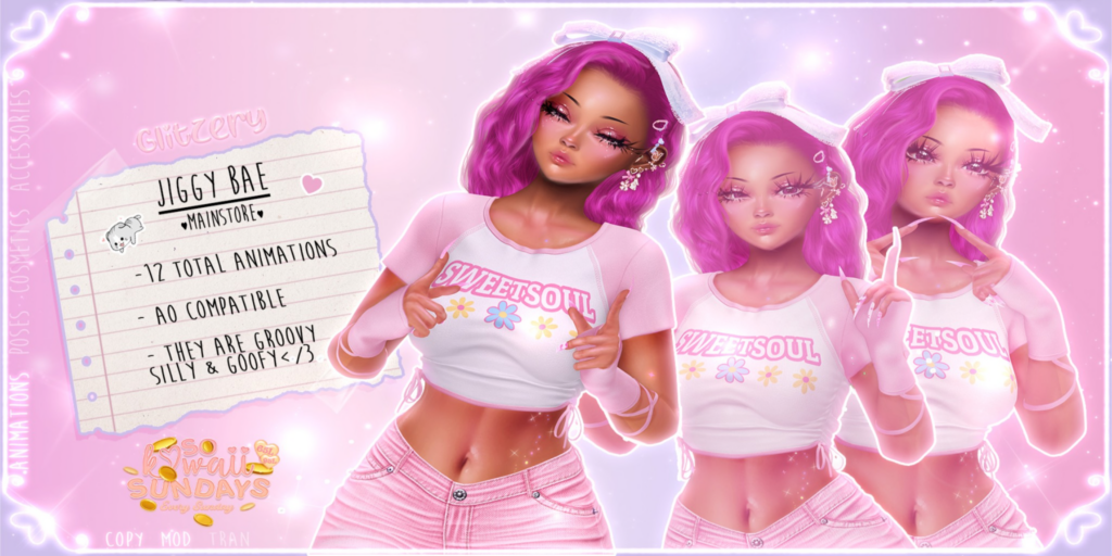 Jiggy Bae Animations	&lt;a href=&quot;http://maps.secondlife.com/secondlife/Universa/41/91/3003&quot;&gt;Teleport&lt;/a&gt;