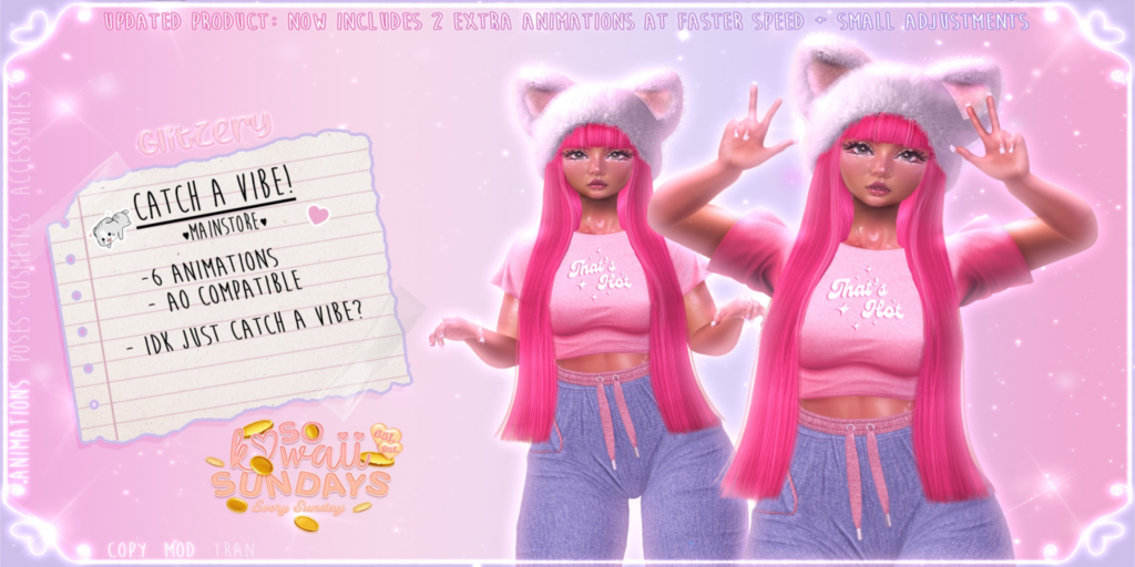 Catch A Vibe Animations	&lt;a href=&quot;http://maps.secondlife.com/secondlife/Universa/41/91/3003&quot;&gt;Teleport&lt;/a&gt;