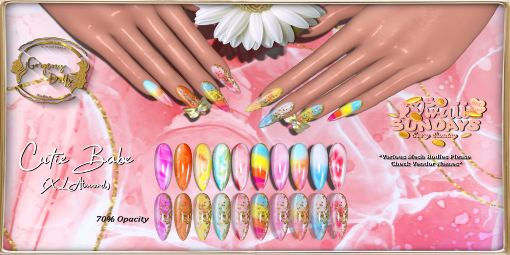 Cutie Babe Mesh Nails - no fits listed	&lt;a href=&quot;http://maps.secondlife.com/secondlife/Nori/218/167/2029&quot;&gt;Teleport&lt;/a&gt;