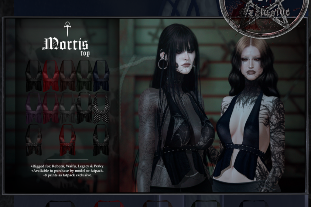 Mortis Top - Legacy/Reborn/+mods, L$350 each/L$1650 FP | Mortis MegaPack, L$2625