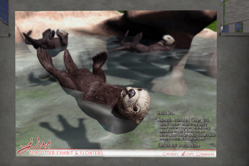 Sea Otter Exhibit &amp; Floaters	&lt;a href=&quot;http://maps.secondlife.com/secondlife/Jian/236/242/24&quot; target=&quot;_blank&quot;&gt;Teleport&lt;/a&gt;
