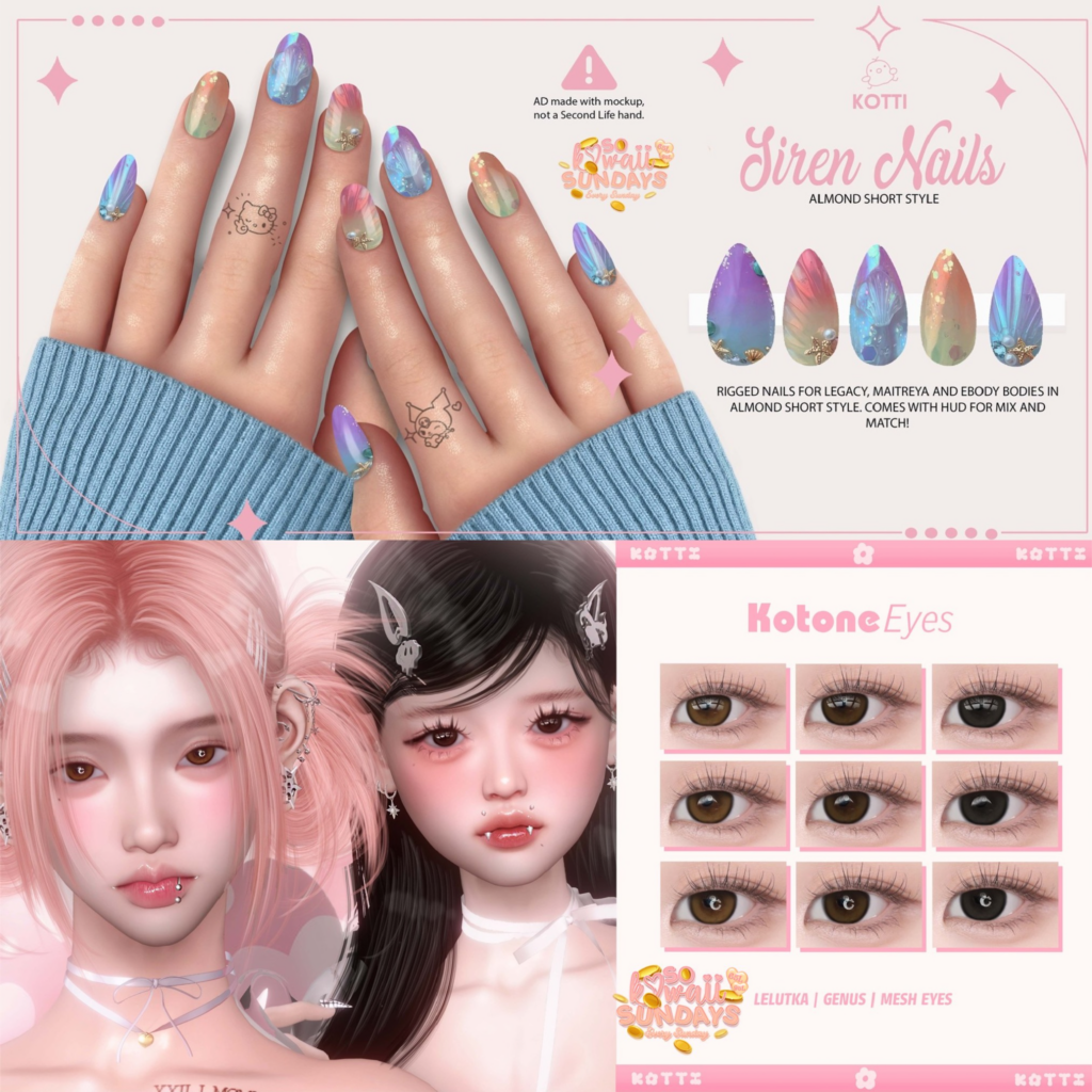 Siren Mesh Nails - Legacy/Maitreya/Reborn | Kotone Eyes - EvoX/Genus/Mesh	&lt;a href=&quot;https://maps.secondlife.com/secondlife/Dark%20Desires/148/188/146&quot;&gt;Teleport&lt;/a&gt;