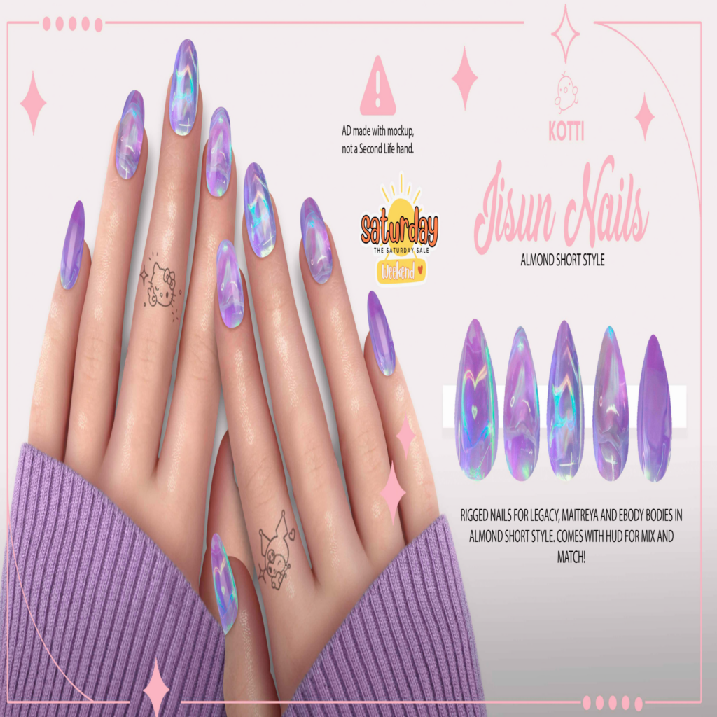 Jisun Mesh Nails - Legacy/Maitreya/Reborn	&lt;a href=&quot;https://maps.secondlife.com/secondlife/Dream%20Lake/124/124/184&quot;&gt;Teleport&lt;/a&gt;