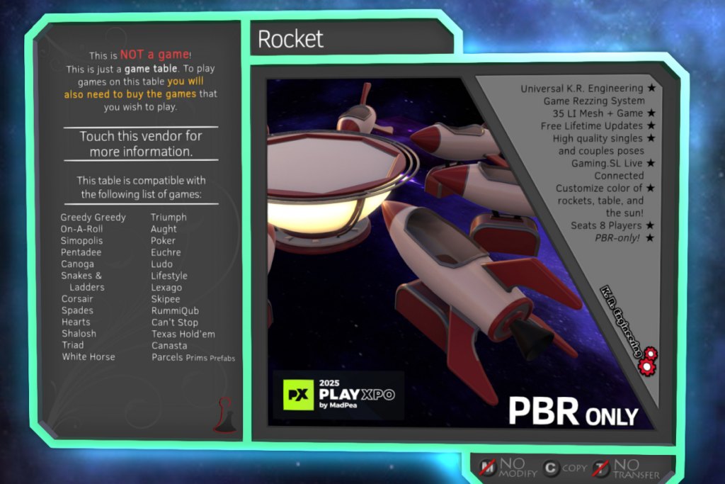 Rocket Game Table for KR Engineering Games, L$349