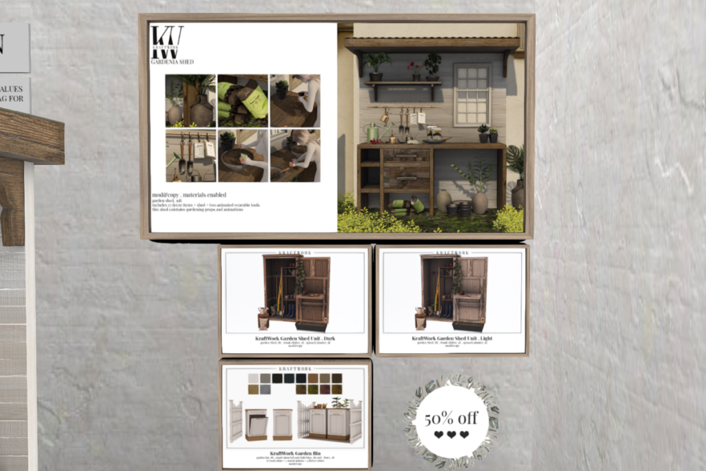 Gardenia Shed Unit, L$200 each/L$499 FP | Garden Bin, L$250
