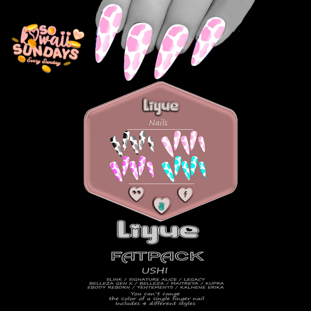 Ushi Mesh Nails - see ad for fits	&lt;a href=&quot;http://maps.secondlife.com/secondlife/Golden%20Leaf/170/99/2002&quot;&gt;Teleport&lt;/a&gt;