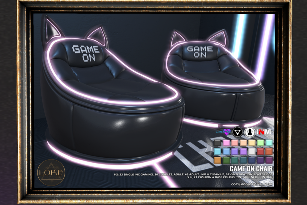 Game On Chair, L$750 PG/L$1500 Adult