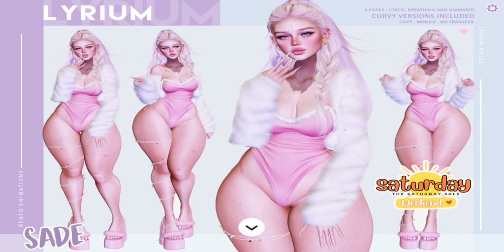 Sade Poses	&lt;a href=&quot;https://maps.secondlife.com/secondlife/Lunar%20and%20Friends/161/89/19&quot;&gt;Teleport&lt;/a&gt;