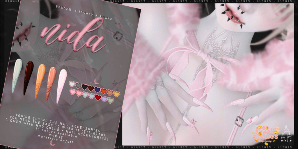 Nida Mesh Nails - Inithium/Legacy/Reborn	&lt;a href=&quot;http://maps.secondlife.com/secondlife/Tomoeda/212/204/2063&quot;&gt;Teleport&lt;/a&gt;