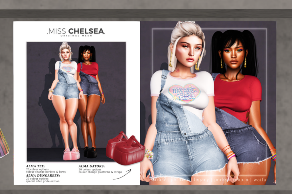 Alma Tee, Dungarees, &amp; Gators - Legacy/MaitreyaX/Reborn/+mods, L$250 each/L$1499 each FP/L$2999 MP