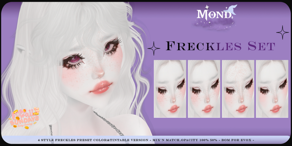 Freckles Cosmetics - EvoX	&lt;a href=&quot;http://maps.secondlife.com/secondlife/Crocus%20Island/55/49/25&quot;&gt;Teleport&lt;/a&gt;
