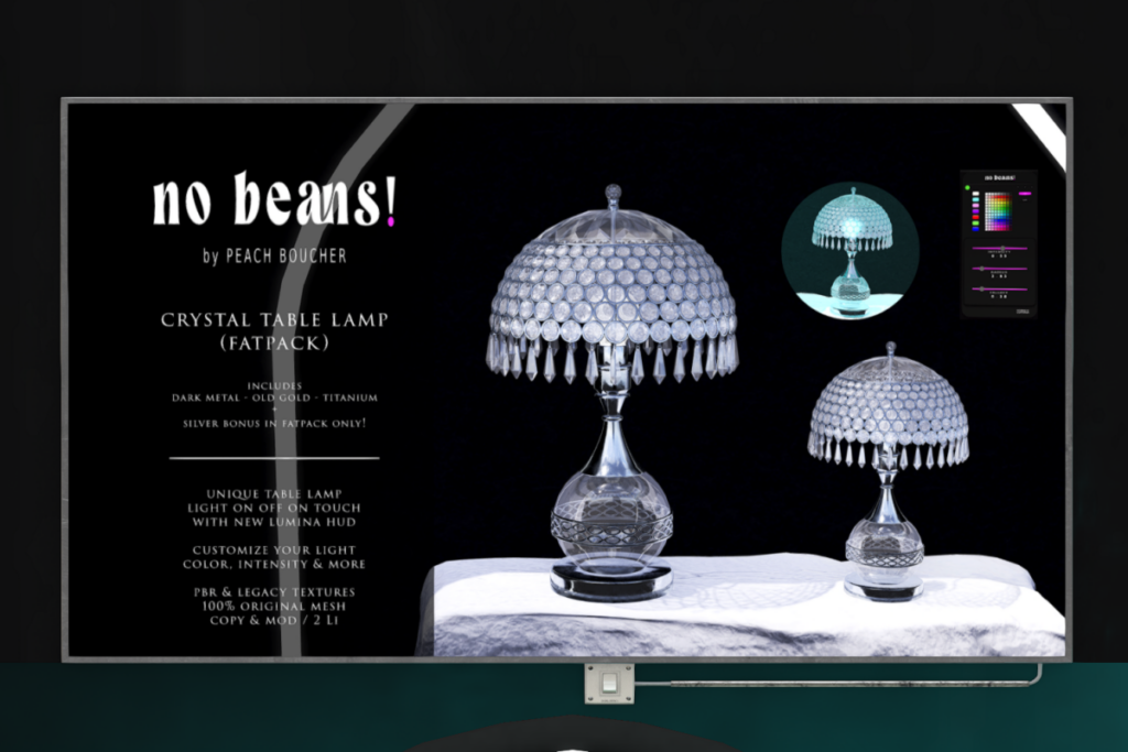 Crystal Lamp, L$399 each/L$999 FP