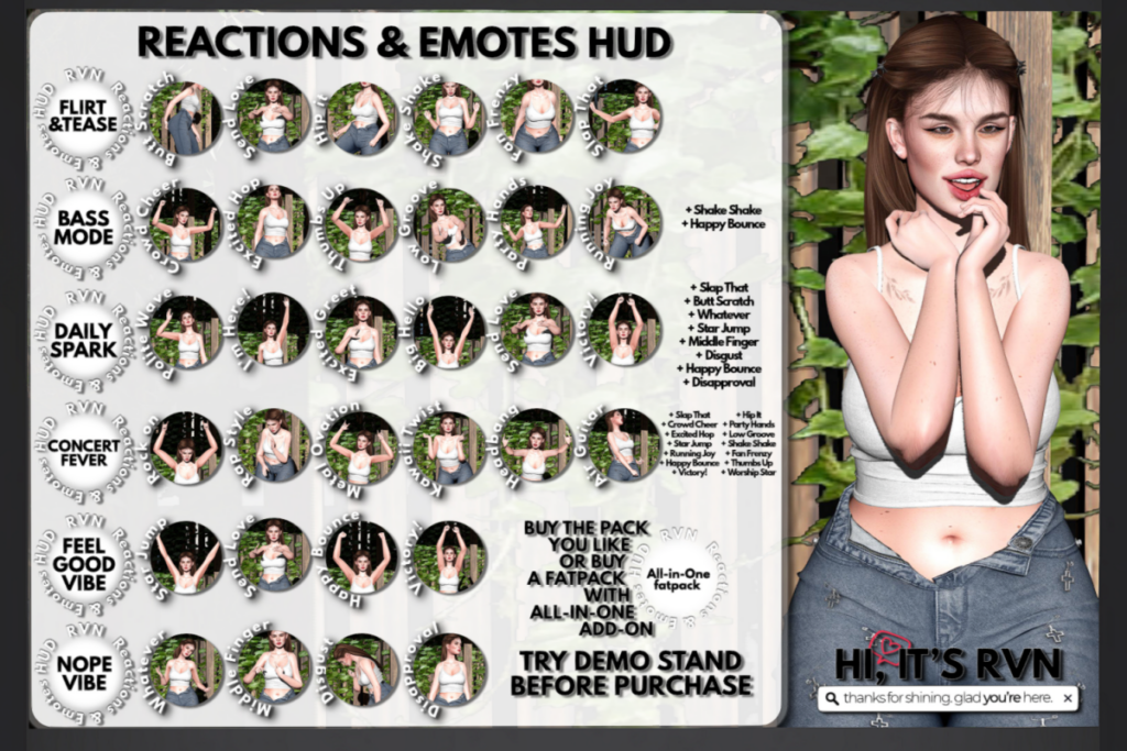 Reactions &amp; Emotes HUD, L$349 each/L$899 FP