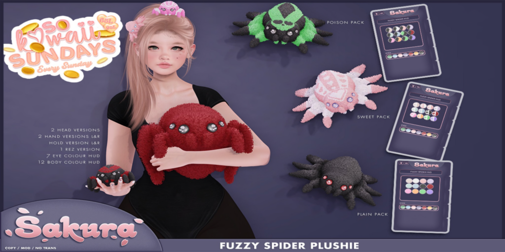 Fuzzy Spider Plushie Holdable	&lt;a href=&quot;http://maps.secondlife.com/secondlife/Domain/122/106/26&quot;&gt;Teleport&lt;/a&gt;