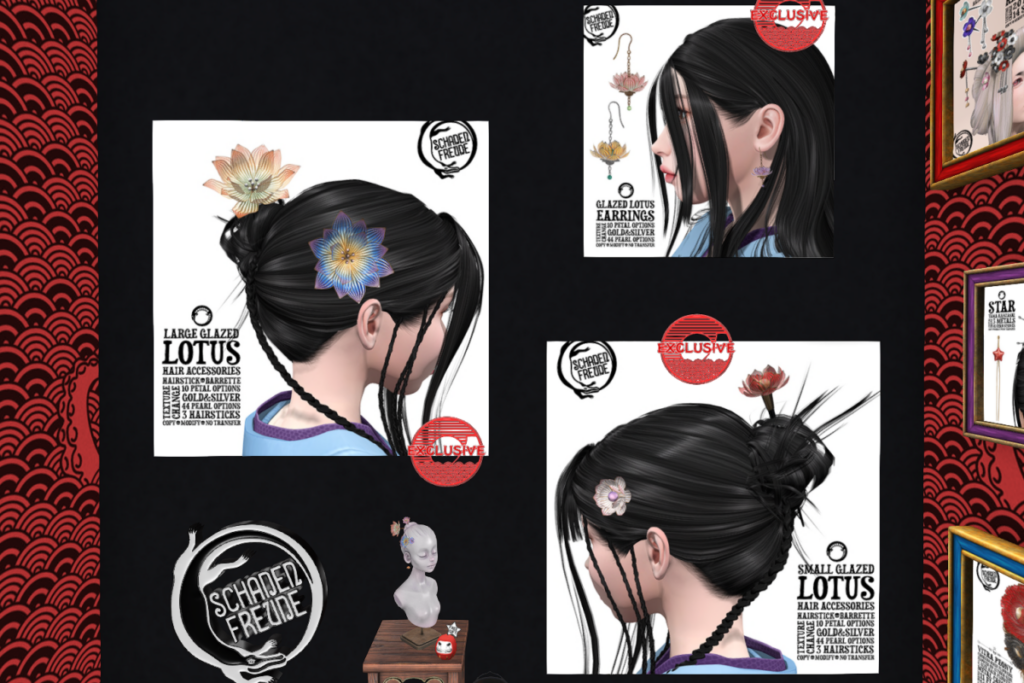 Large Glazed Lotus Hair Accessories, L$90 | Glazed Lotus Earrings, L$50 | Small Glazed Lotus Hair Accessories, L$90