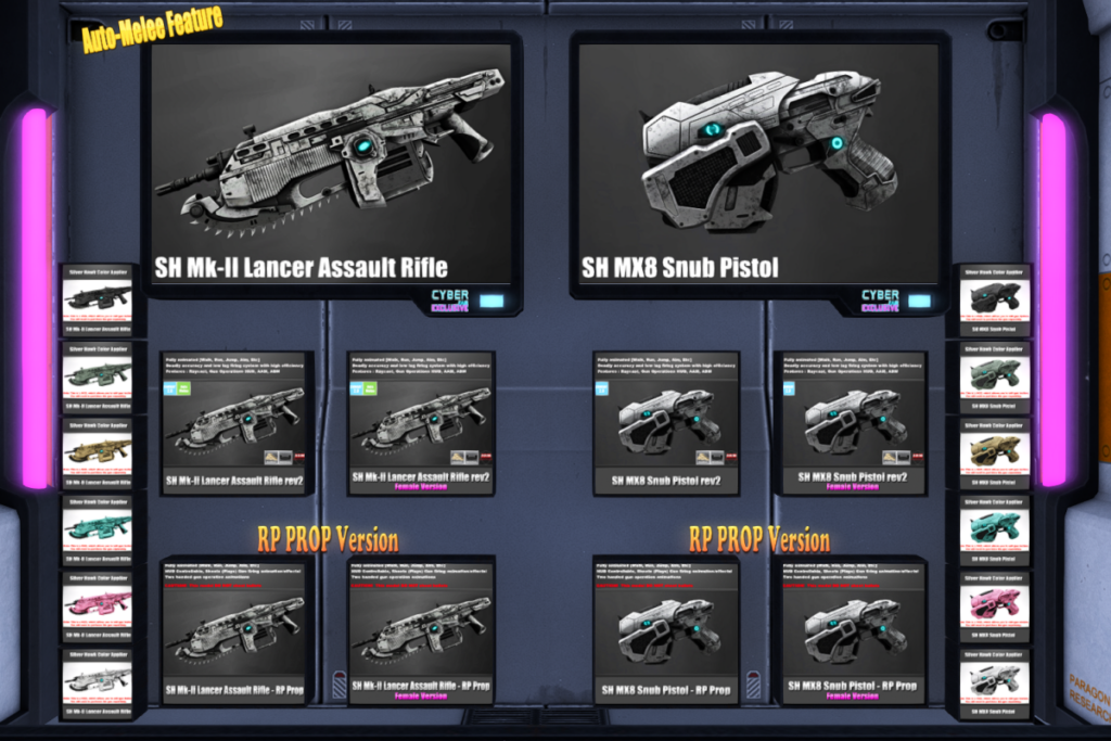 Mk-II Lancer Assault Rifle Prop &amp; Skins, L$50-L$700 each | MX8 Snub Pistol Prop &amp; Skins, L$50-L$600 each