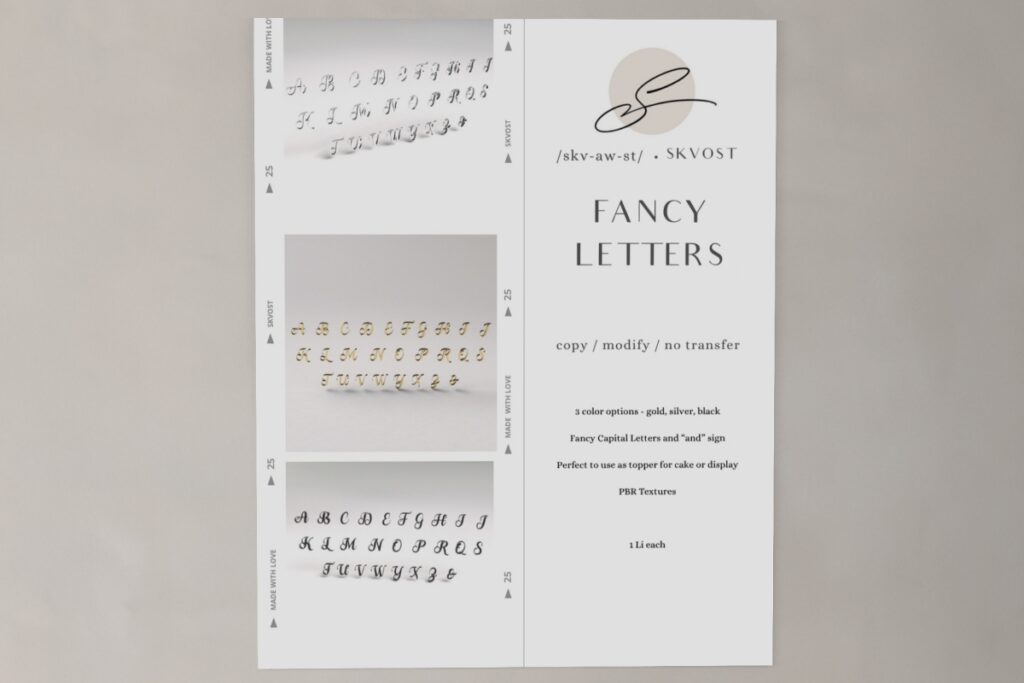 Fancy Letters Decor, L$199 each/L$359 FP