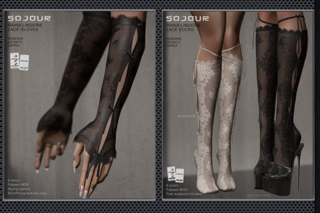 Raina Lace Gloves - Legacy/MaitreyaX/Reborn, L$199 each/L$999 FP | Raina Lace Socks - Legacy/MaitreyaX/Reborn,  L$199 each/L$999 FP