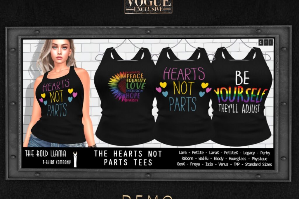 The Hearts Not Parts Tees - see ad for fits, L$150