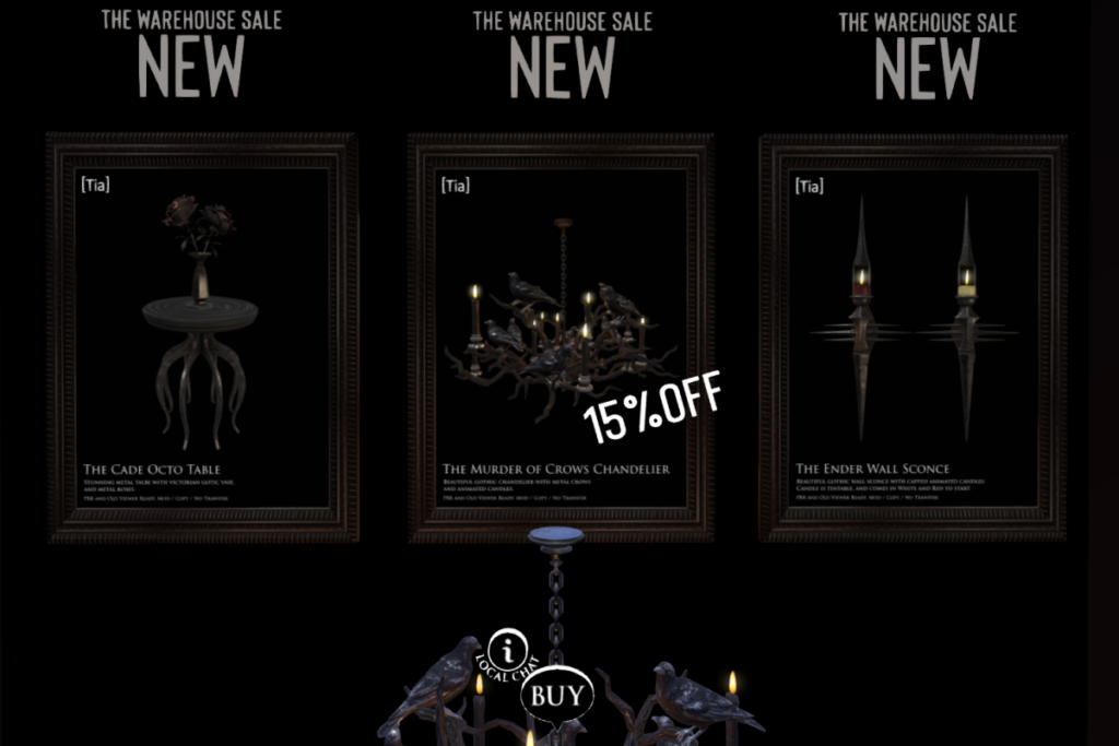 Cade Octo Table, L$180 | Ender Wall Sconce, L$170 | Murder Of Crows Chandelier, L$280