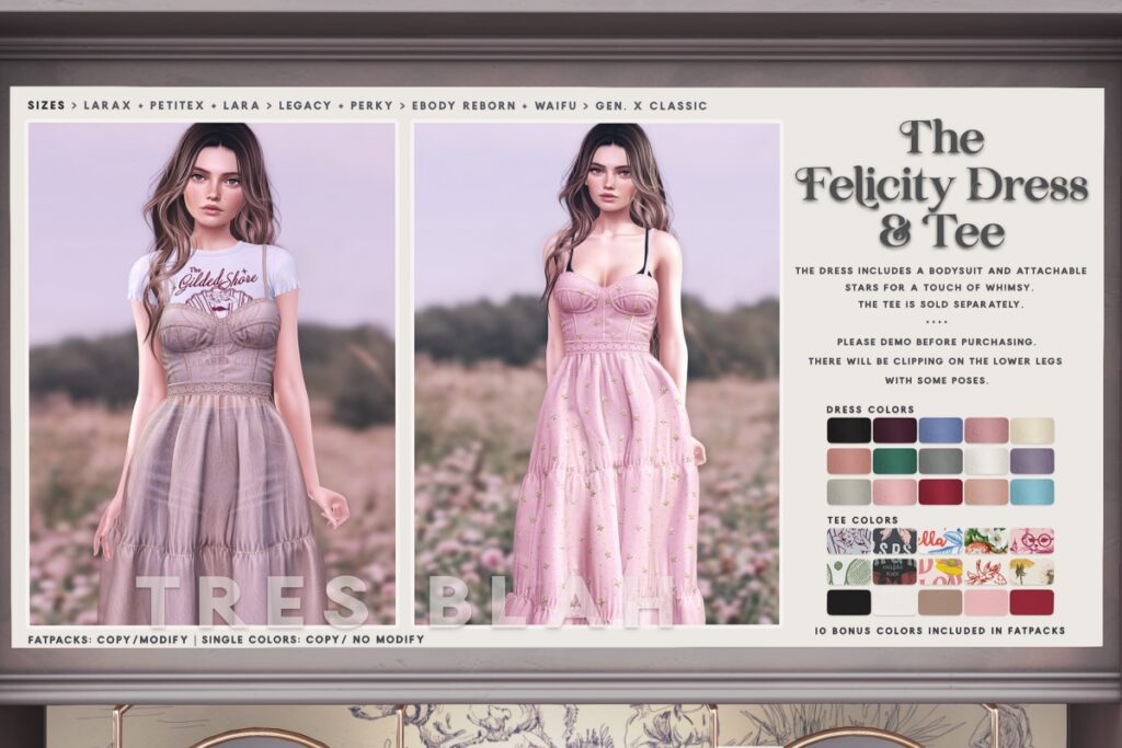 The Felicity Dress &amp; Tee - GenX/ Classic/Legacy/Maitreya/Reborn/+mods, L$230 each/L$1299 each FP