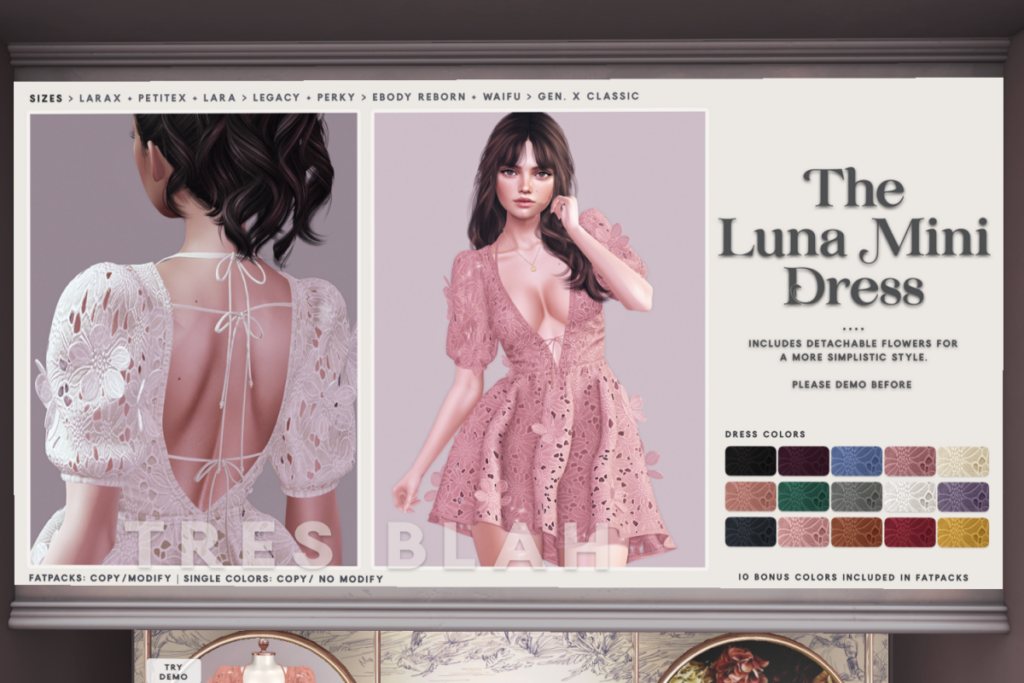Luna Mini Dress - GenX Classic/Legacy/Maitreya/Reborn/+mods, L$188 each/L$888 FP