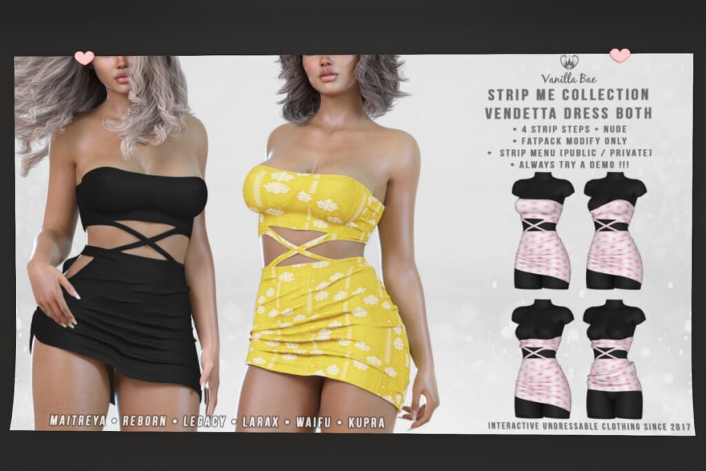 Vendetta Dress - Inithium/Legacy/Maitreya/Reborn/+mods, L$500 each Body Pack/L$999 MP
