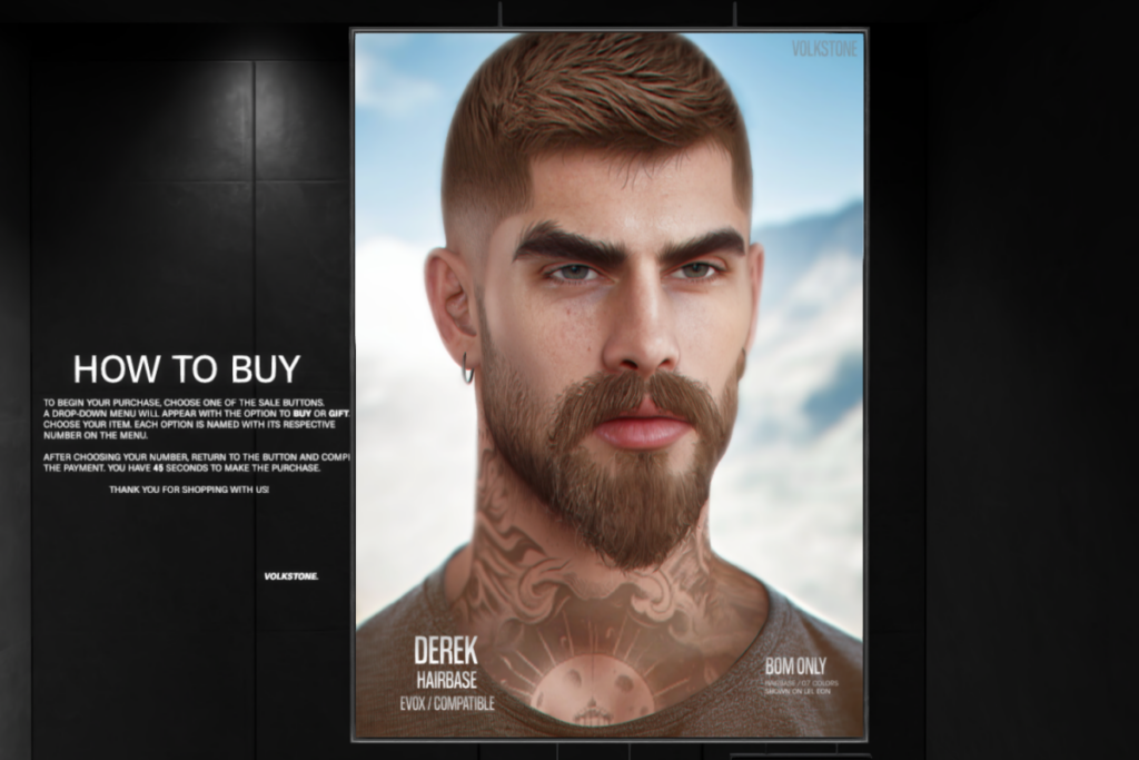 Derek Mesh Beard and Hairbase - EvoX, L$199-L$299 each/L$849 FP