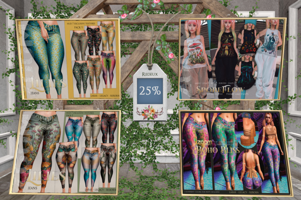 Lillies Jeans - Legacy/MaitreyaX/Reborn, L$300 each | Spore Flow TShirt &amp; Pants - Inithium/Legacy/MaitreyaX/Reborn/+mods, L$300 | Boho Bliss Set - Legacy/MaitreyaX/Reborn, L$300
