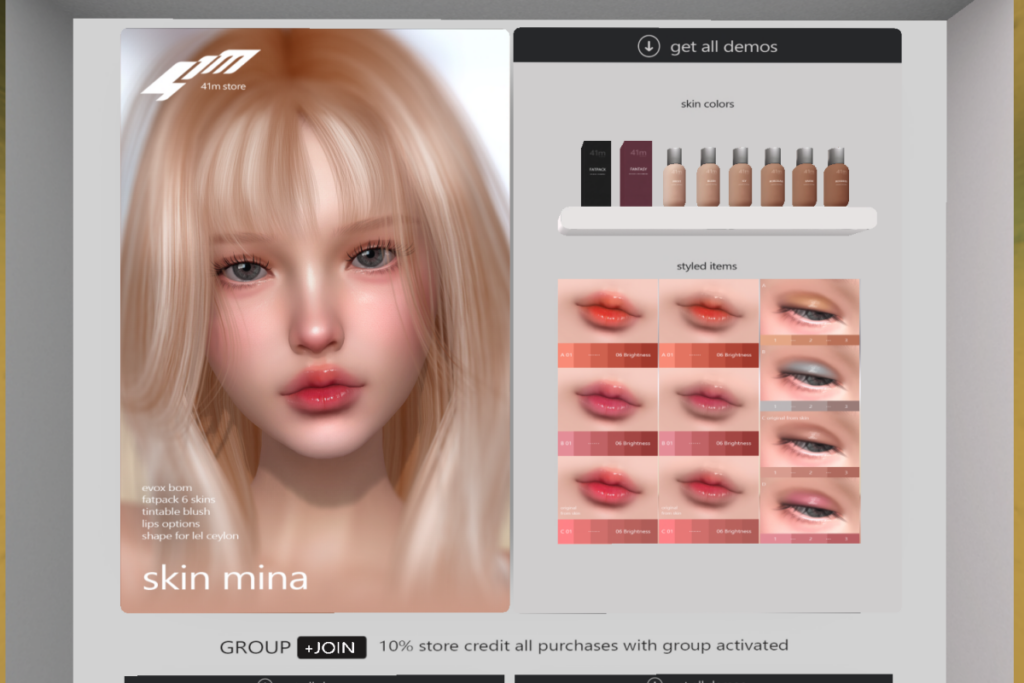 Mina Eyeshadow - EvoX, L$299 | Mina Lips - EvoX, L$399 each | Mina Skin - EvoX, L$799 each/L$2099 FP